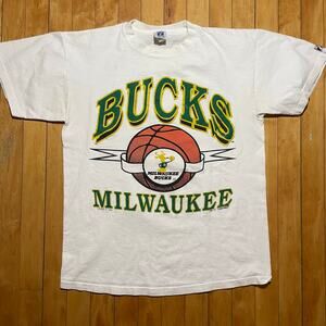 90s Logo 7 Milwaukee Bucks White Mens t shirt NBA Basketball